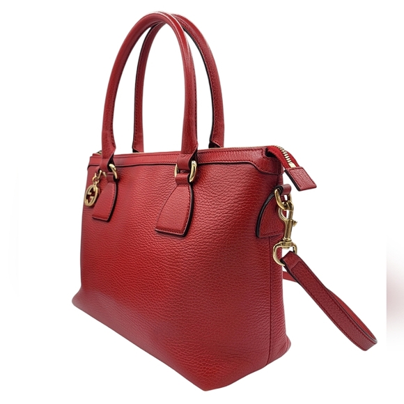 Gucci Interlocking GG Charm Pebbled Leather Satchel Bag Red 449659 - Picture 4 of 16